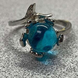 Silver Plated Mermaid Tail Oceanic Blue Glass Ball Adjustable Cocktail Ring Sz 7
